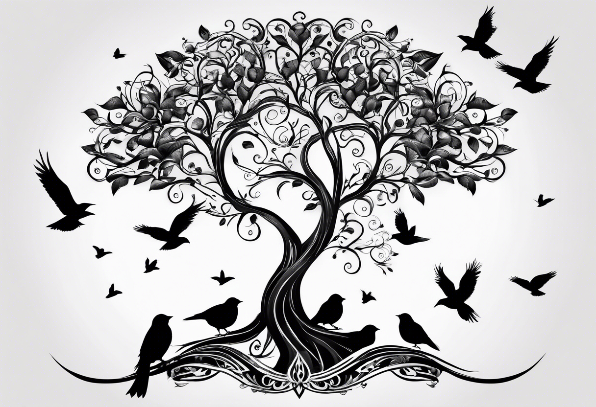 family tree with 6 black birds and cadinal tattoo idea