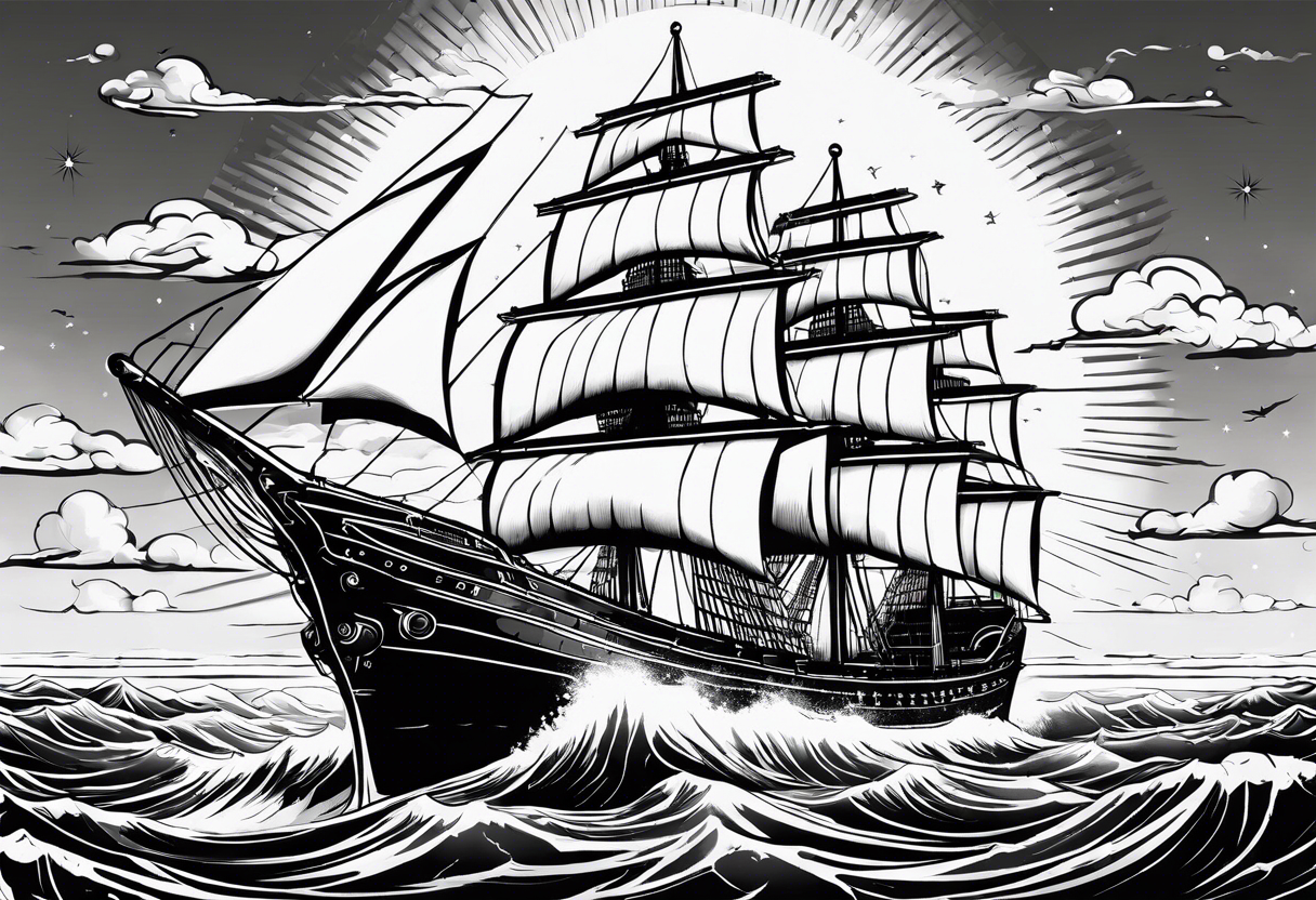 huge ship hitting in the sea with sun on the sky
without many details tattoo idea