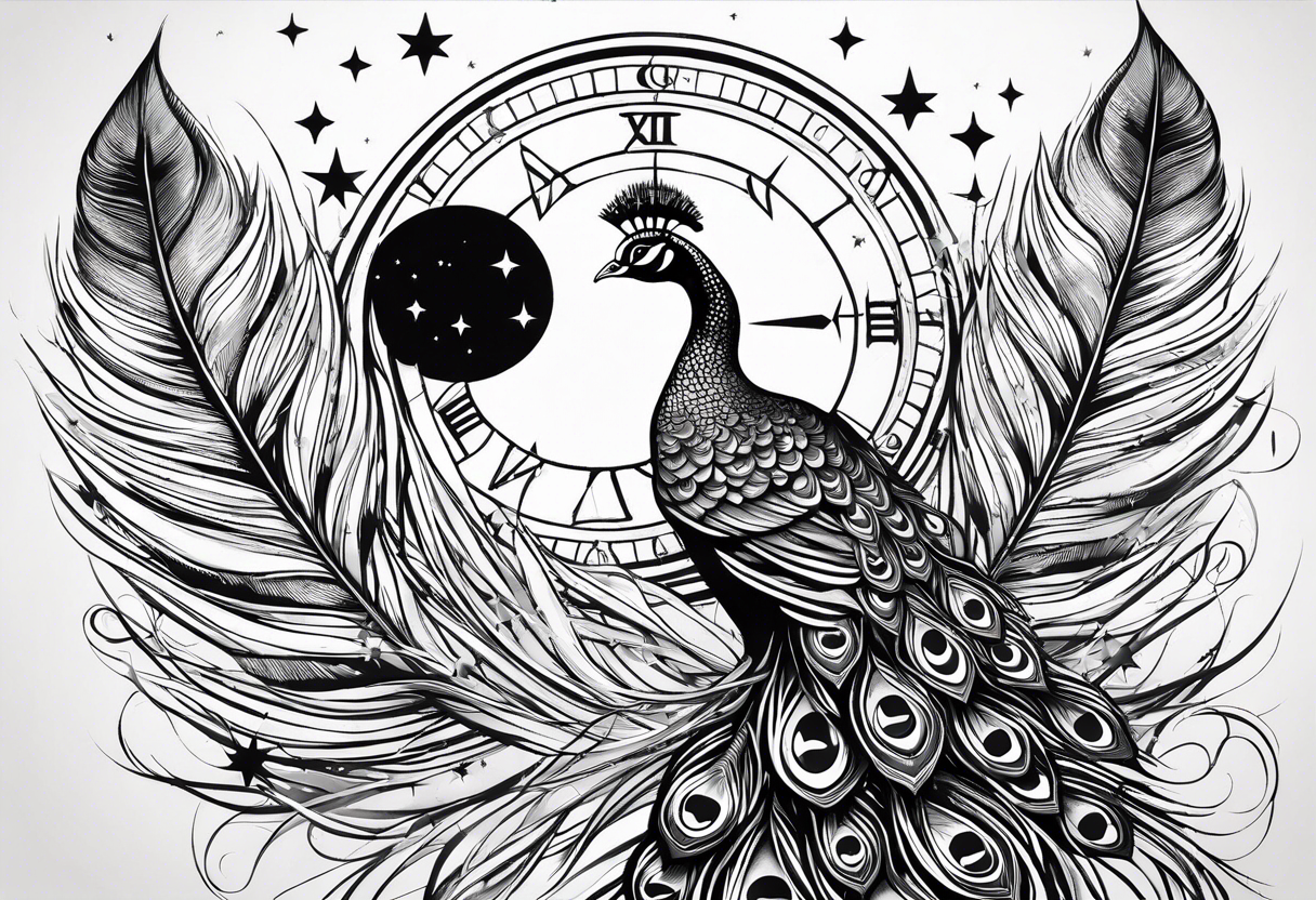 Peacock feather turning into a compass surrounded by stars tattoo idea