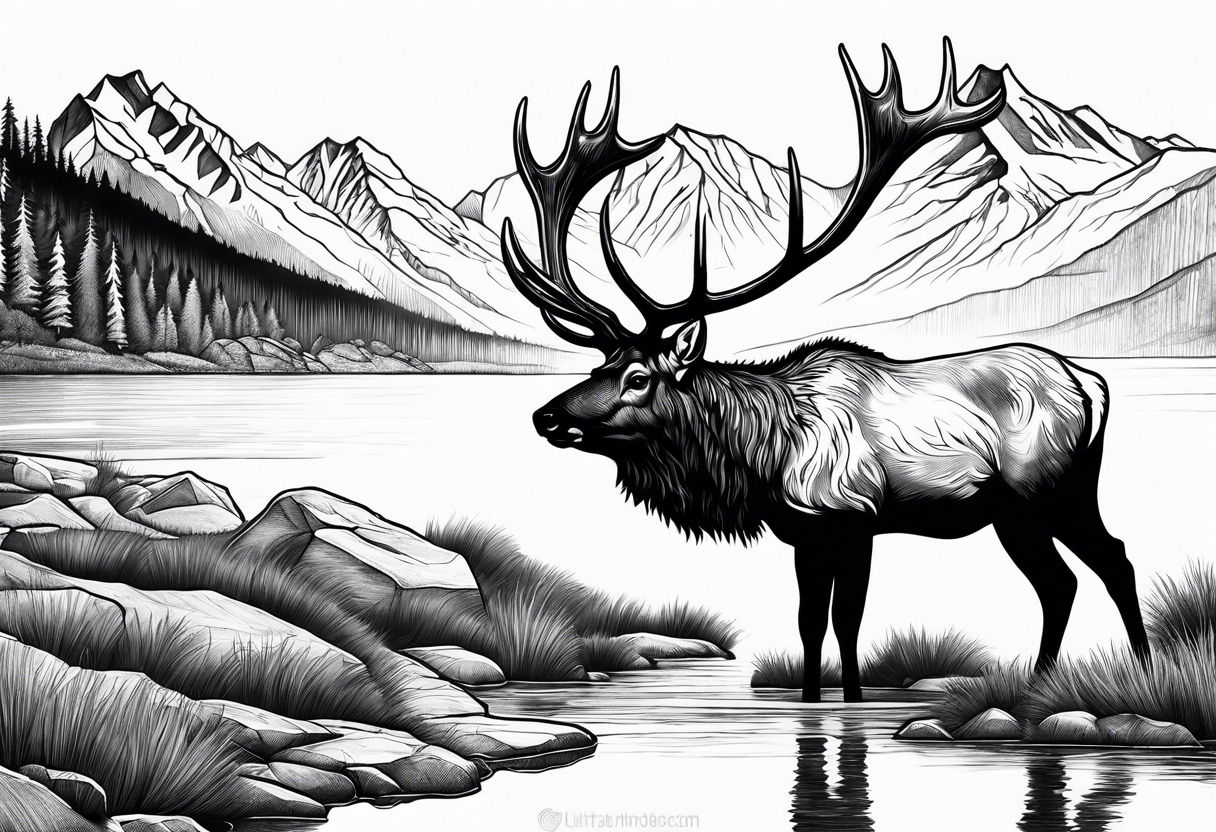 elk with mountains and lake tattoo idea