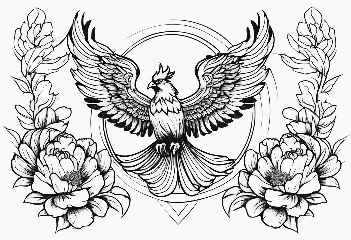 minimalist pheonix with peonies tattoo idea