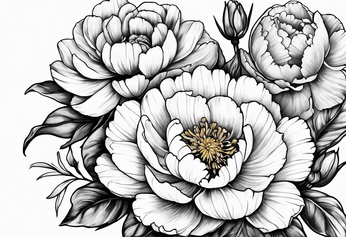 marigold, peony, and narcissus laying side by side tattoo idea