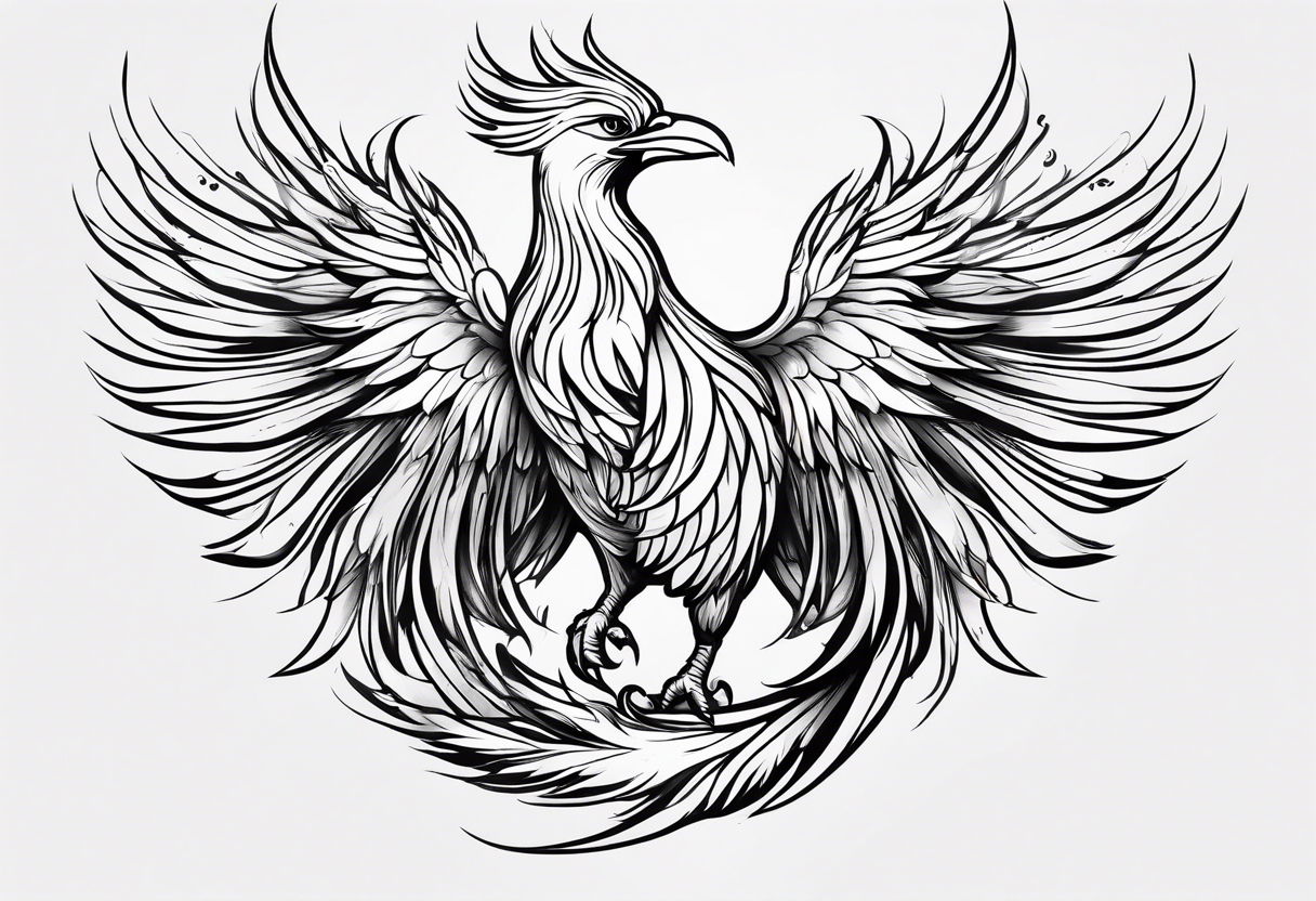 minimalist pheonix with long tail curling and feathers coming off tail tattoo idea