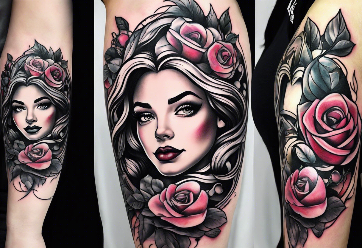 Disney tattoos upper arm sleeve with beauty and the beast flower and rhe poison apple from snow white tattoo idea