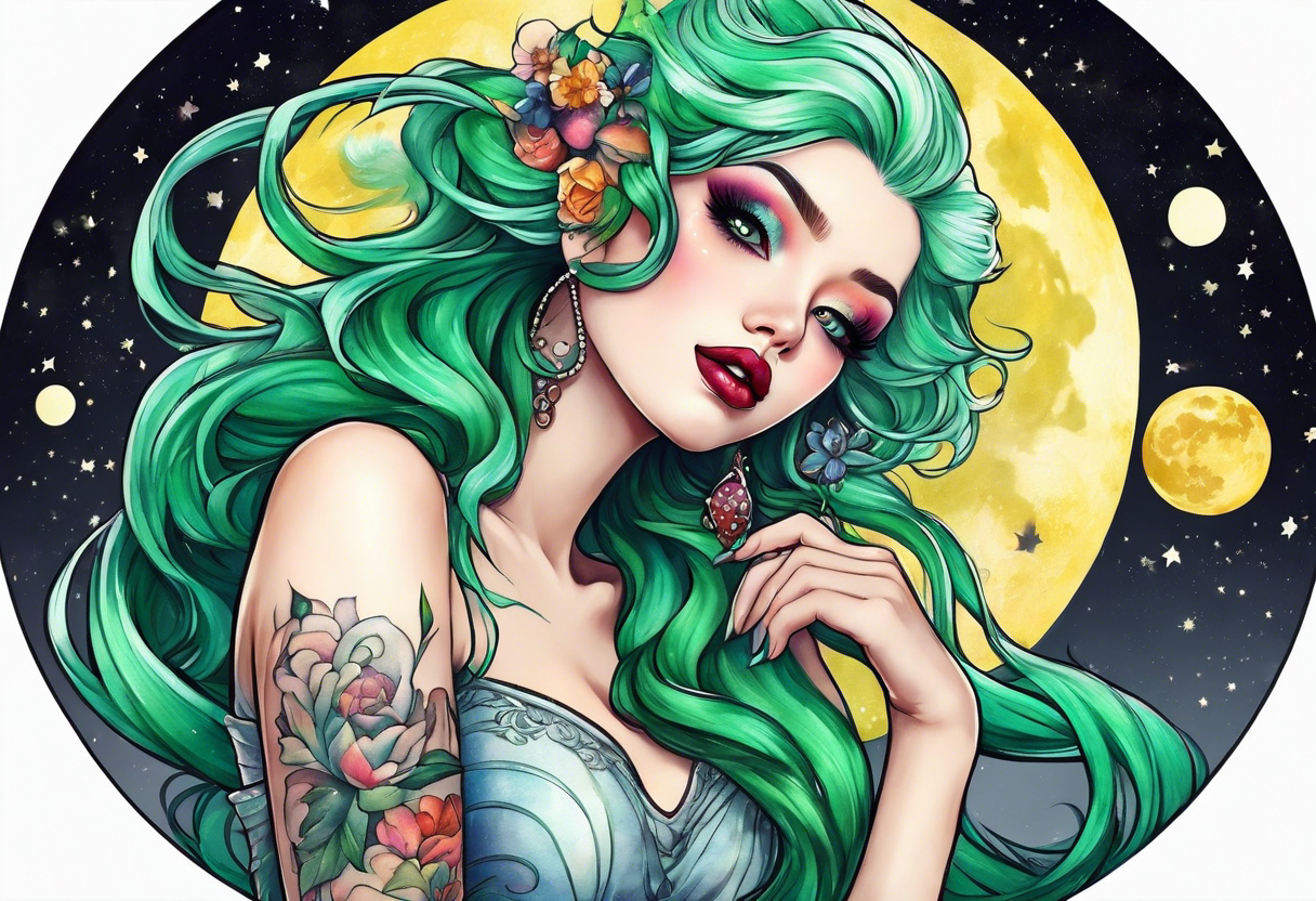 fairy with green hair, eating cake under the moon, tripping balls tattoo idea