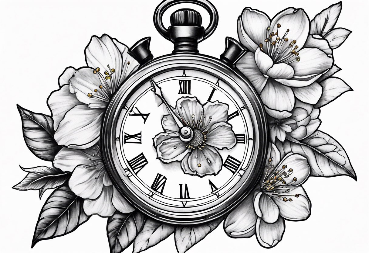 Stopwatch, sword and cherry bloom tattoo idea