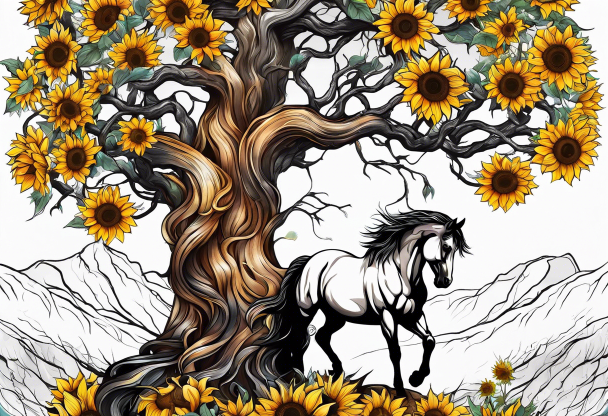 Yggdrasil tree, horse in front of it, and sunflowers tattoo idea