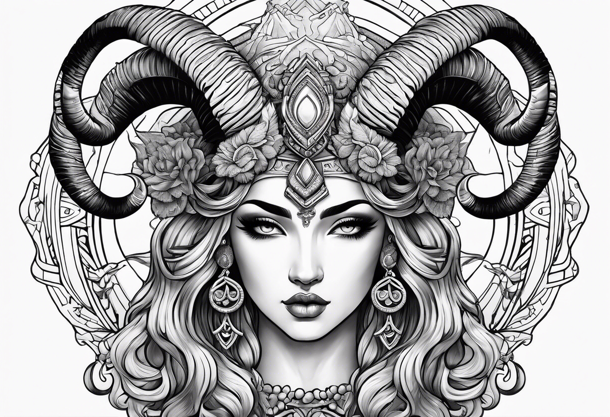 Aries goddess with ram horns tattoo idea