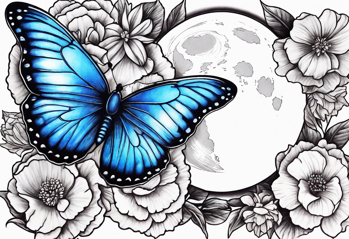 Blue butterfly moon carnation tattoo idea