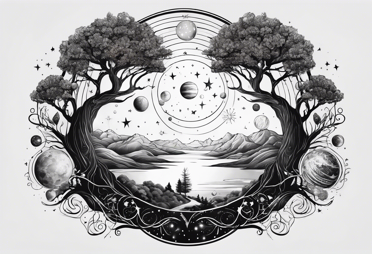 psychology theme, tree of life, milk way galaxy, planets tattoo idea