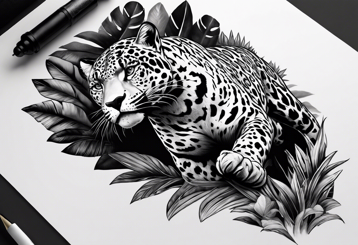 Create and black and grey realistic jaguar walking toward you with rainforest background for a forearm tattoo tattoo idea