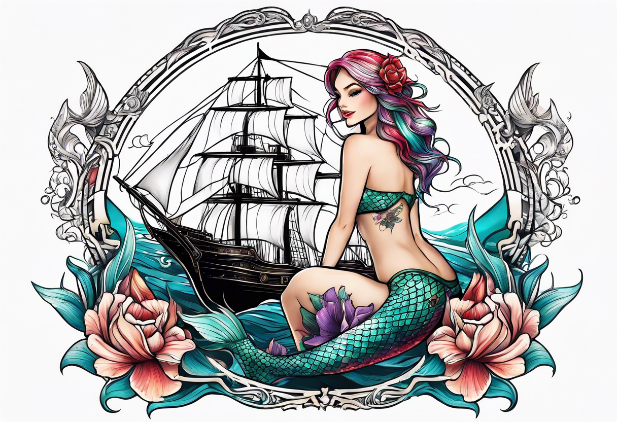 mermaid with galleon ship tattoo idea