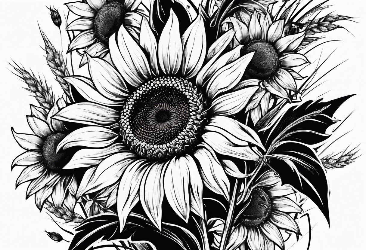 Sunflower, wheat, and barbed wire half sleeve tattoo idea