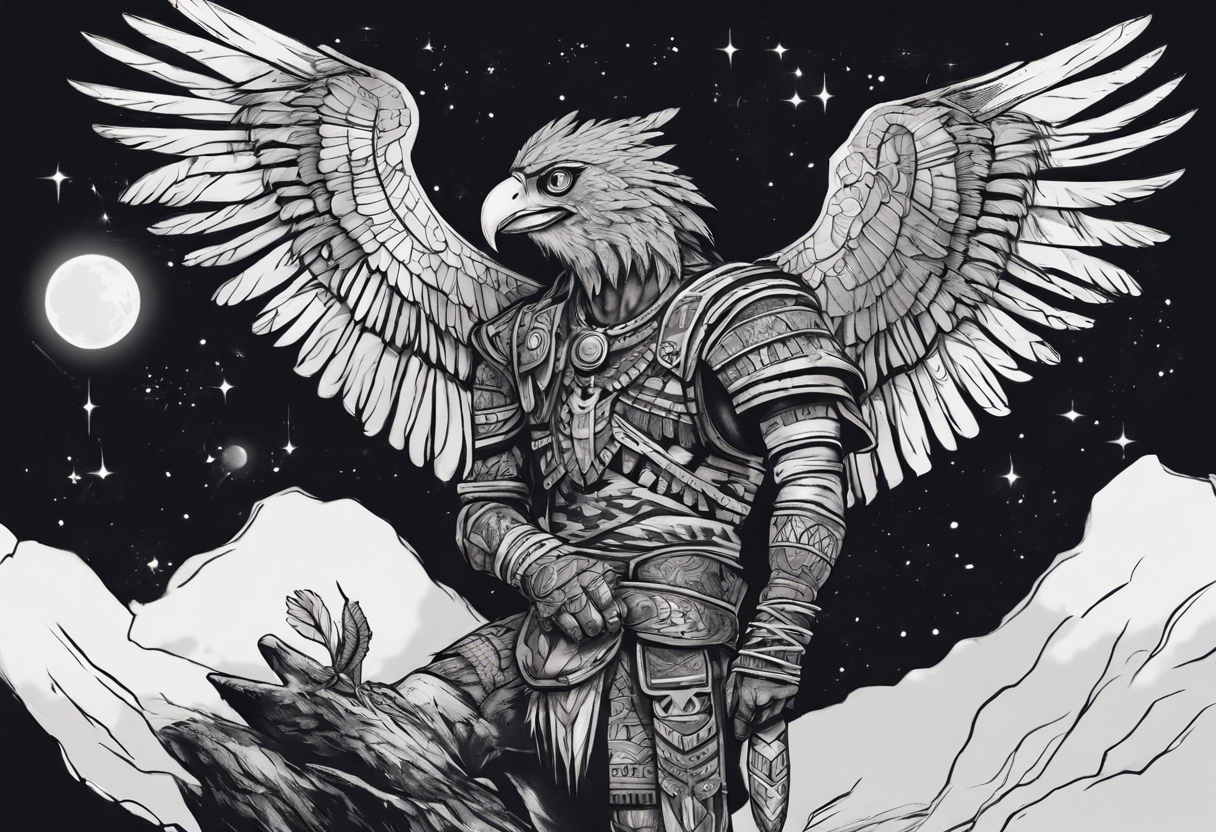 Aztec warrior gazing at the night sky in the moonlight as a harpy