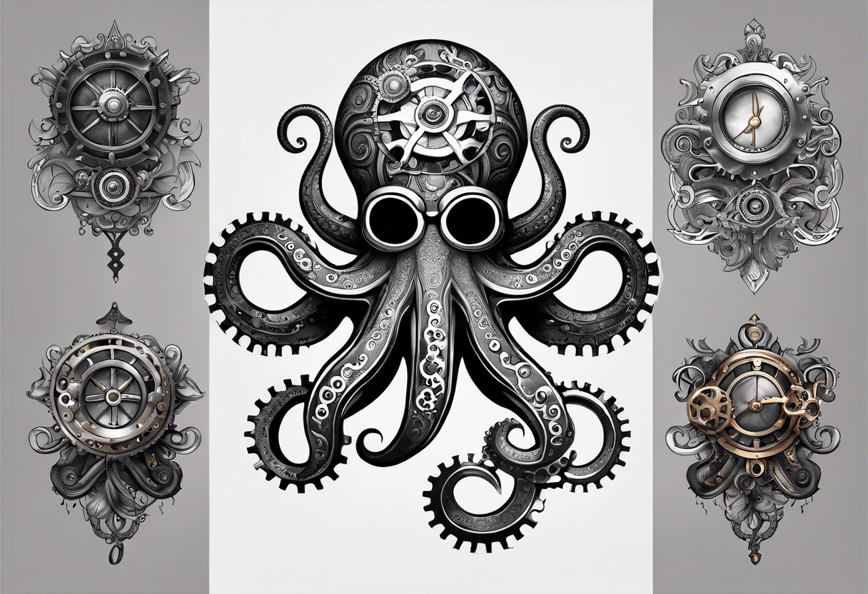 An octopus designed with steampunk elements like gears, bolts, and steam pipes integrated into its body. This merges the natural and mechanical in a visually intriguing way. tattoo idea