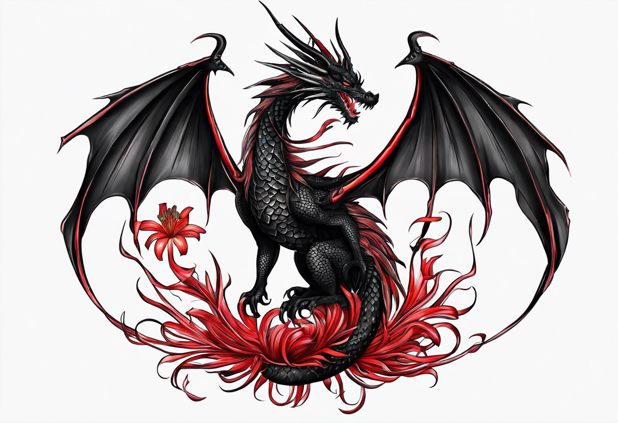 Black dragon. Red Lycoris radiata. Lightning. No background. tattoo idea