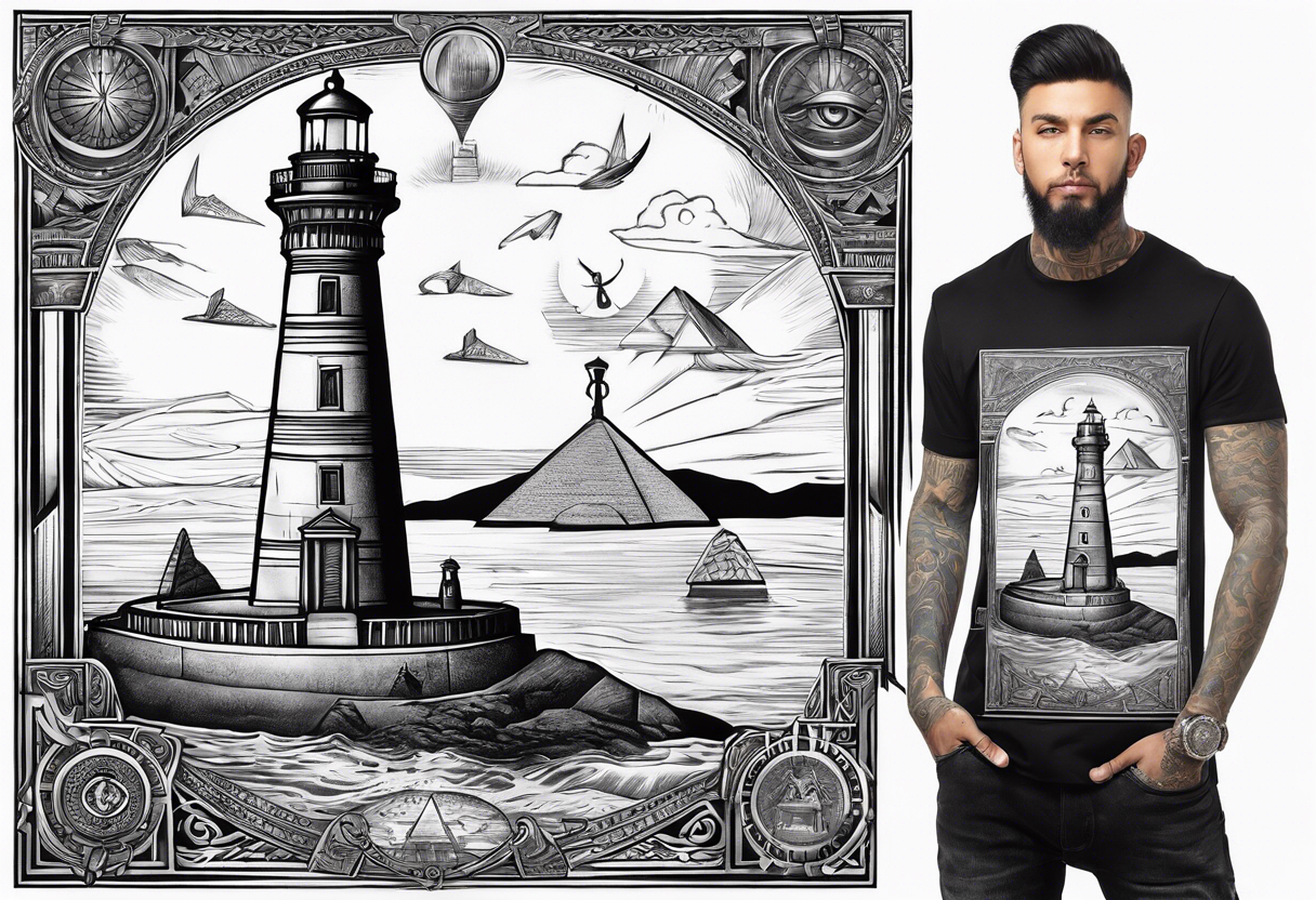 Lighthouse of Alexandria with Ankh and Eye of Ra hovering above it, pyramids and obelisk in background, tattoo idea