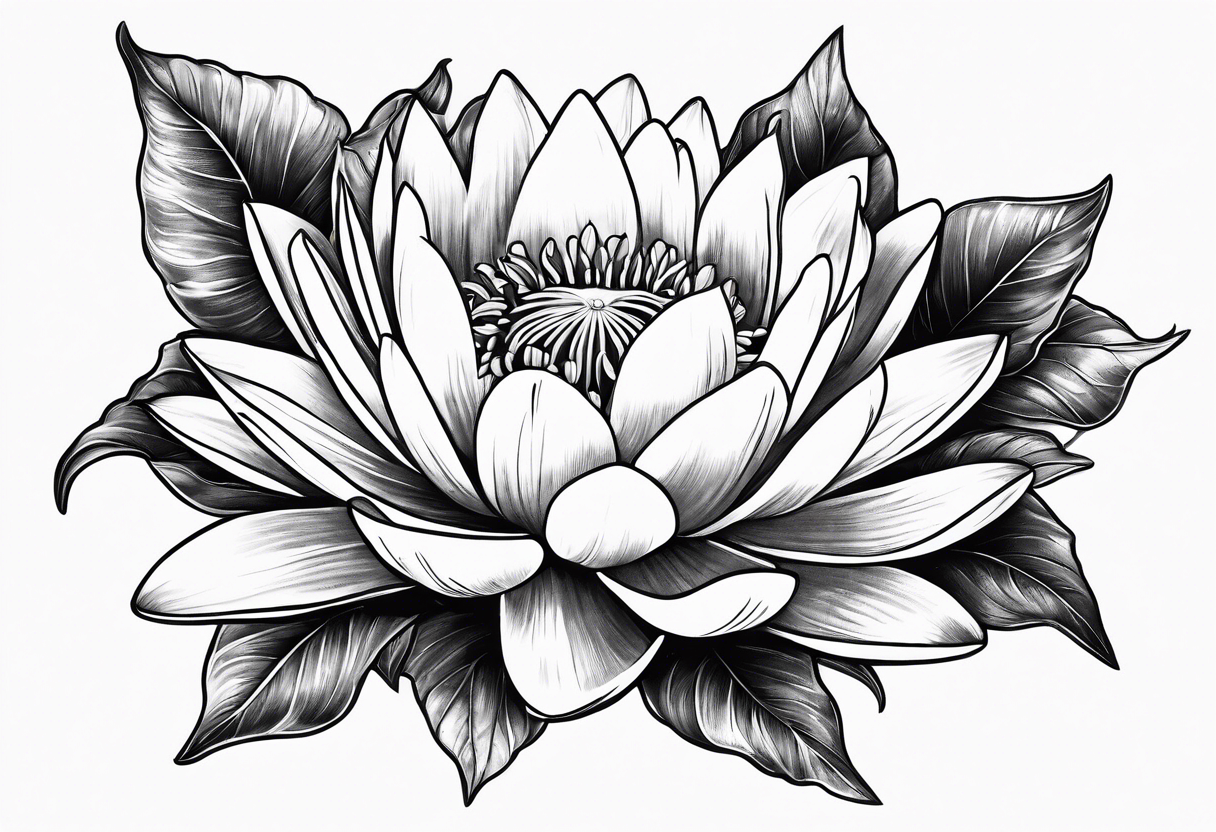 Water lily and larkspur bouquet tattoo idea