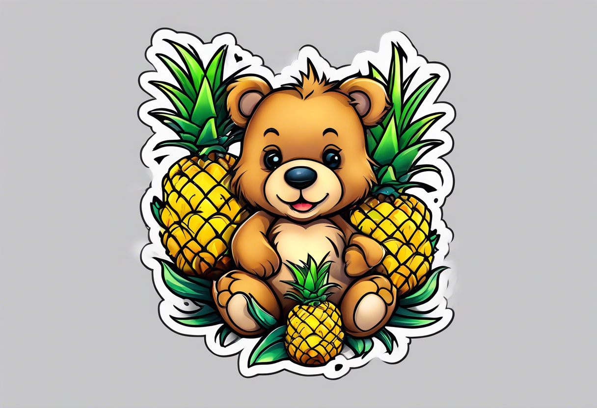 Teddy Bear biting pineapples tattoo idea