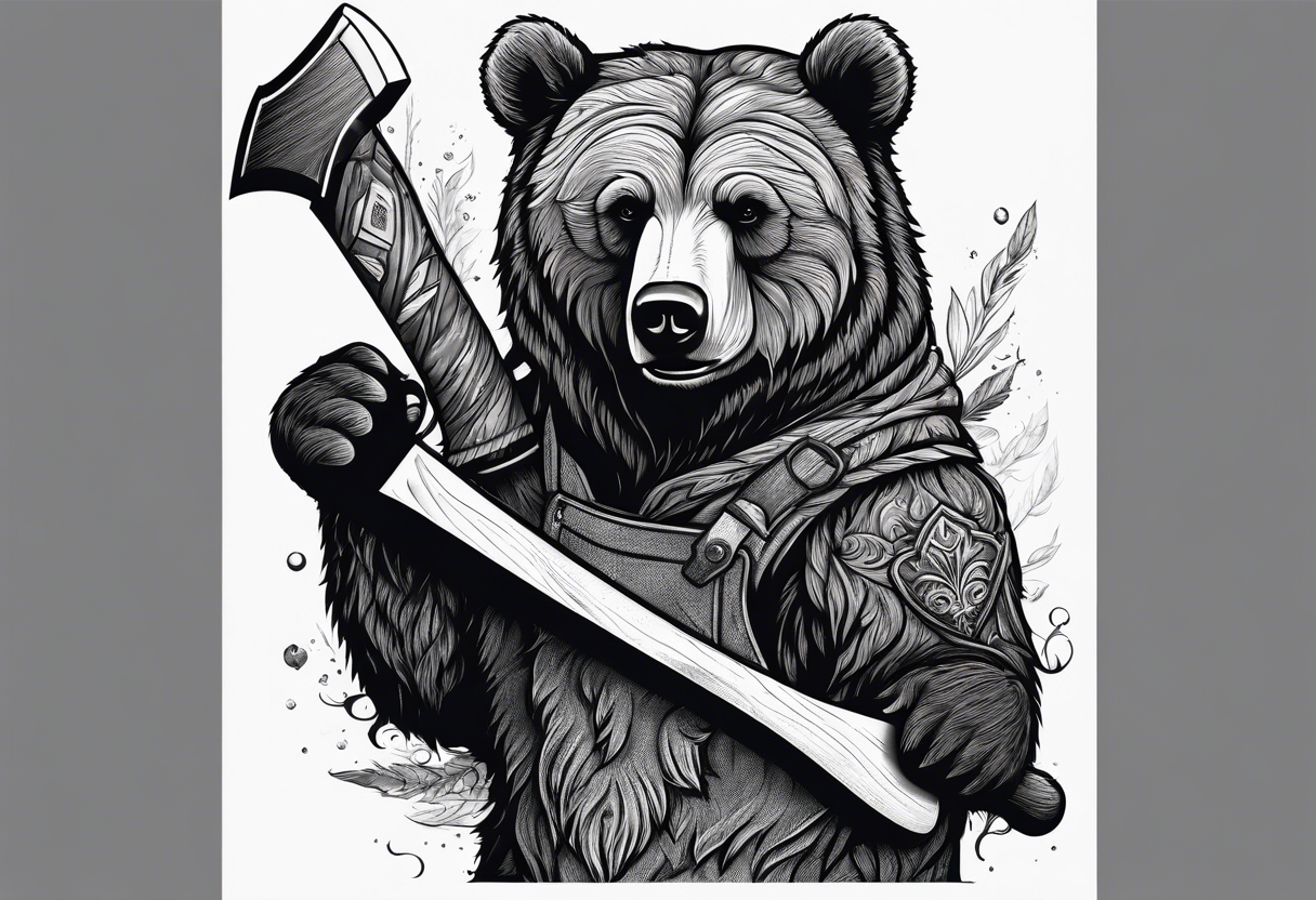 Vertically split half teddy bear and half grizzly bear holding a wooden axe tattoo idea