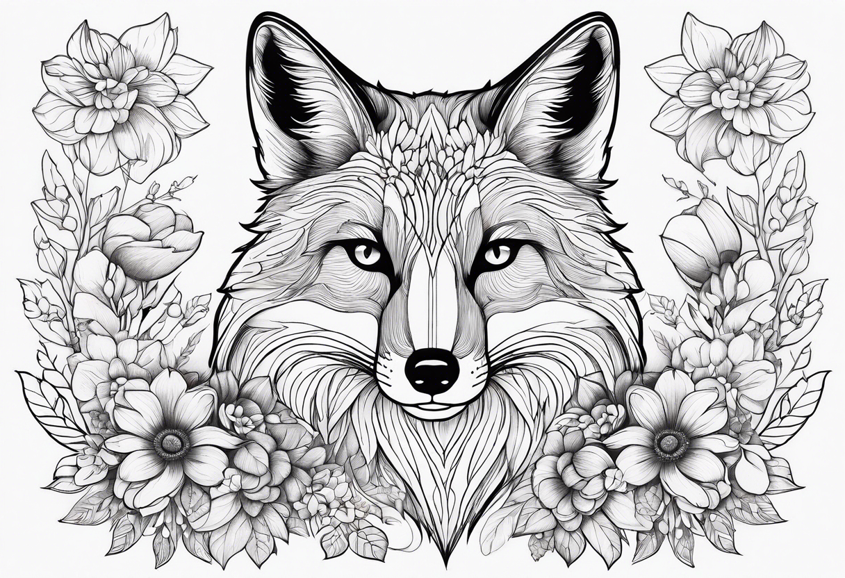 flowers with fox full body thin line tattoo idea