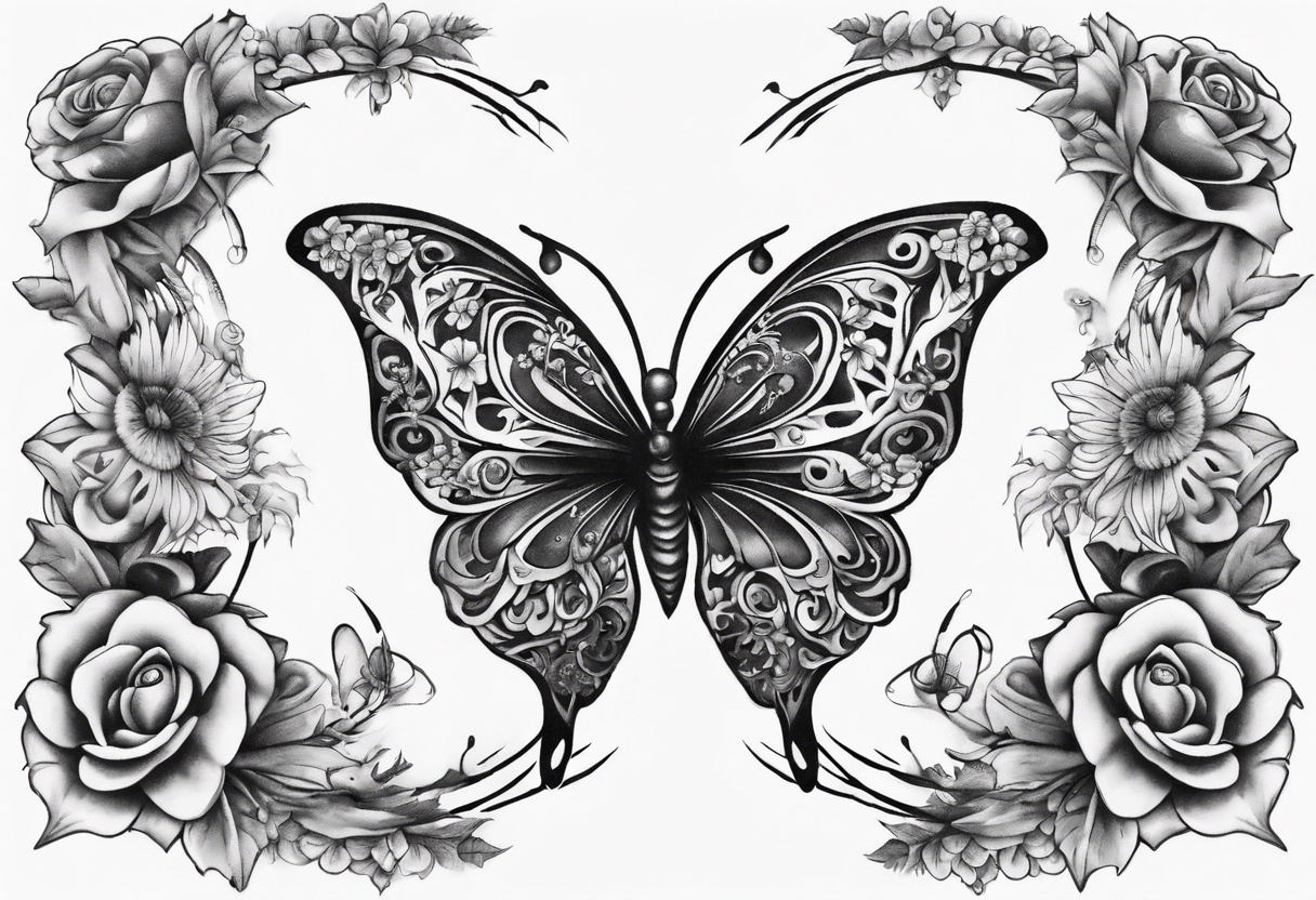 Butterfly wrap tattoos in heart with large centre piece with moon and floral theme. Bracelet around ankle show on higher ankle tattoo idea