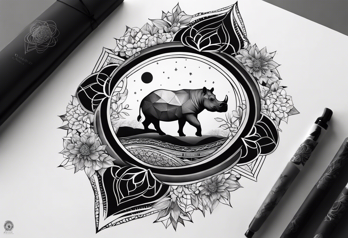 Very asymmetrical, +geometric pattern, with realistic full moon, with hippo at side look, +tribal, +geometric, +inkart , +blackwork, +grey scale, + sketch
with wintersweet flower bud, +inkart touch, tattoo idea