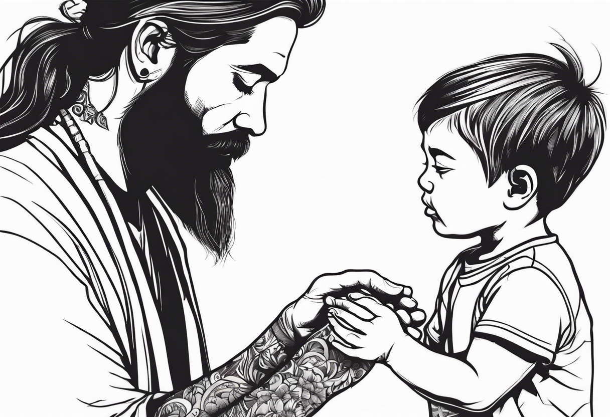 mindful father with long hair and a beard performing transition ritual with young boy tattoo idea