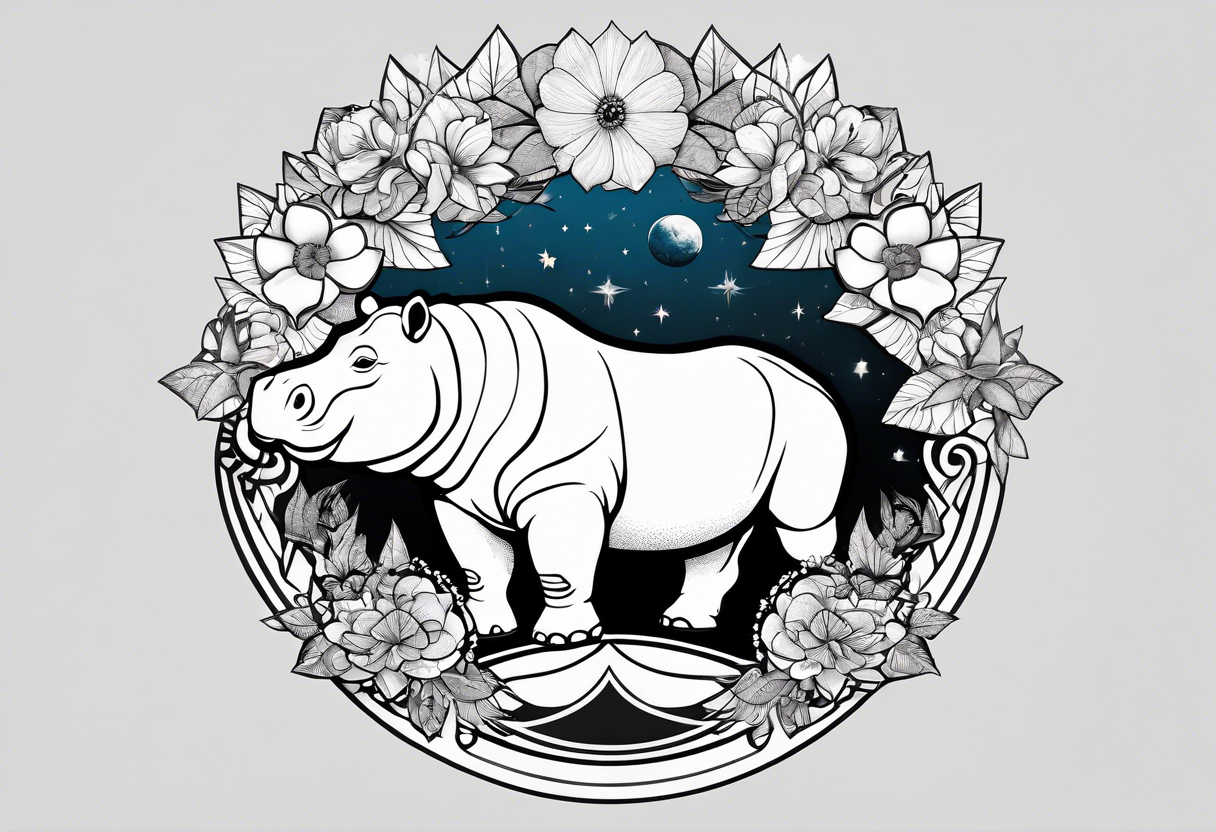 Hippo, flowers, moon, interstella , artic surreal, 
Extreme fine lines, +tribal, +geometric, develop from my favourites tattoo idea