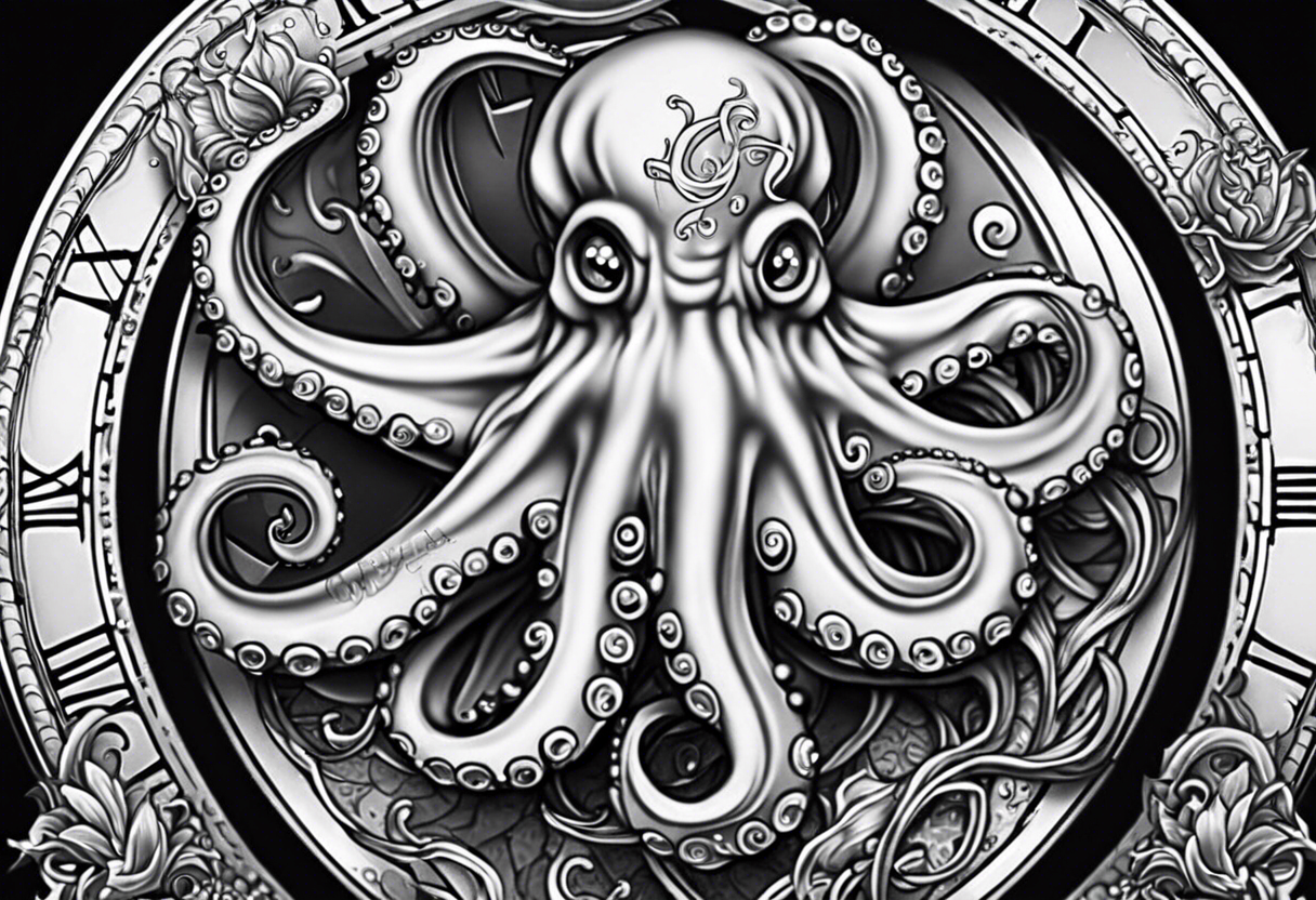 pocket watch wrapped under an aggressive octopus, sideways tattoo idea