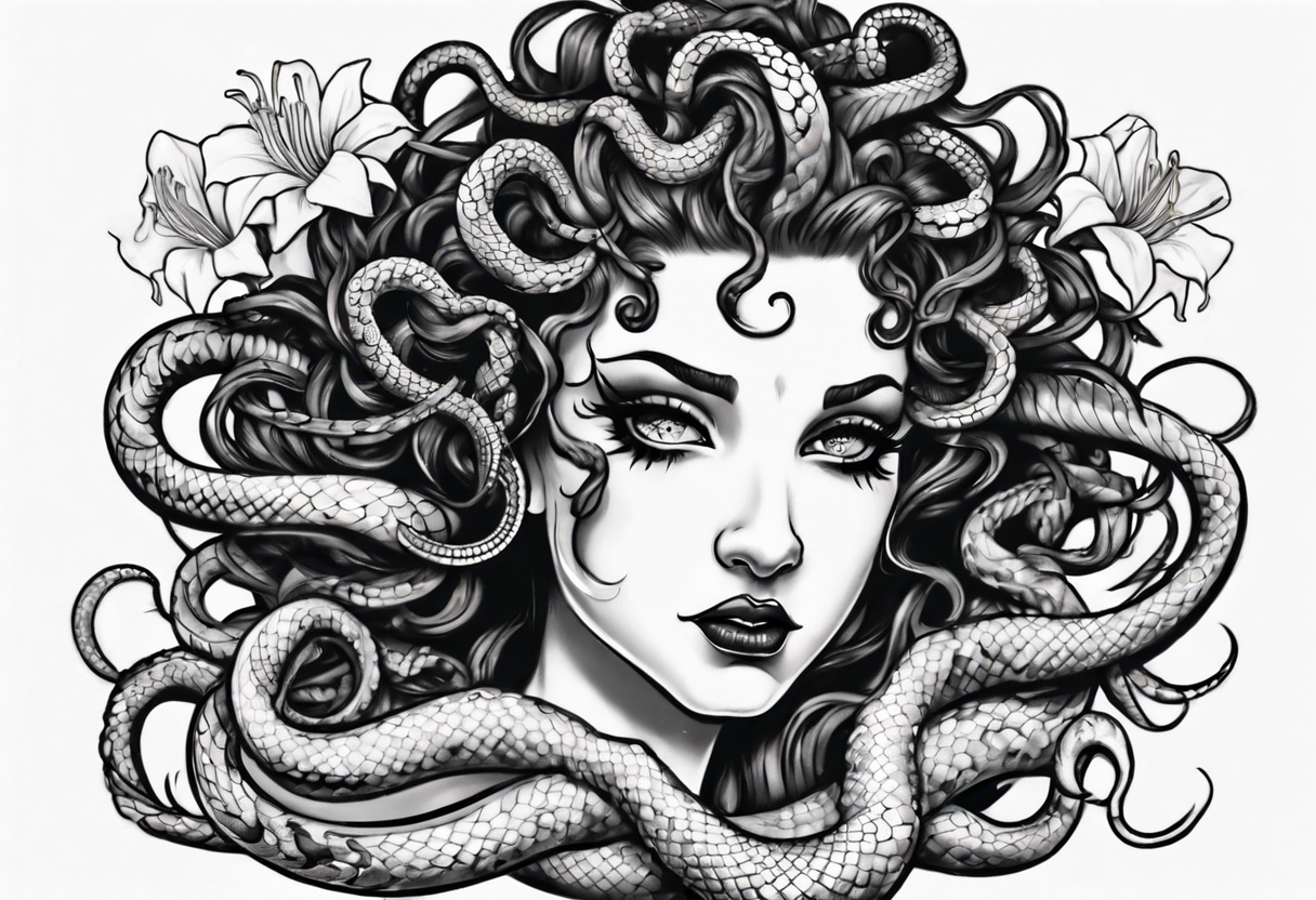 Dark/goth Medusa with white pupils and curly snake hair. Lilies tattoo idea