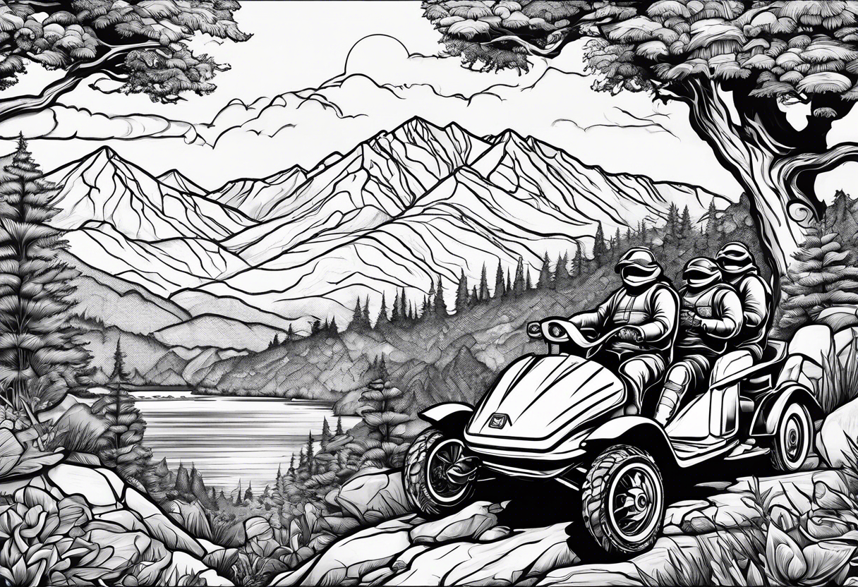 Wasatch Mountain scape, Honda three wheeler and four turtles watching from the path tattoo idea