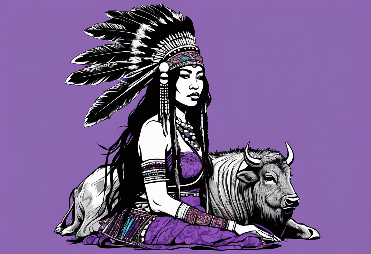 native woman female warrior with quiver on her back. she is wearing bead headband. she is sitting on a purple buffalo, the buffalo is standing up, standing still tattoo idea