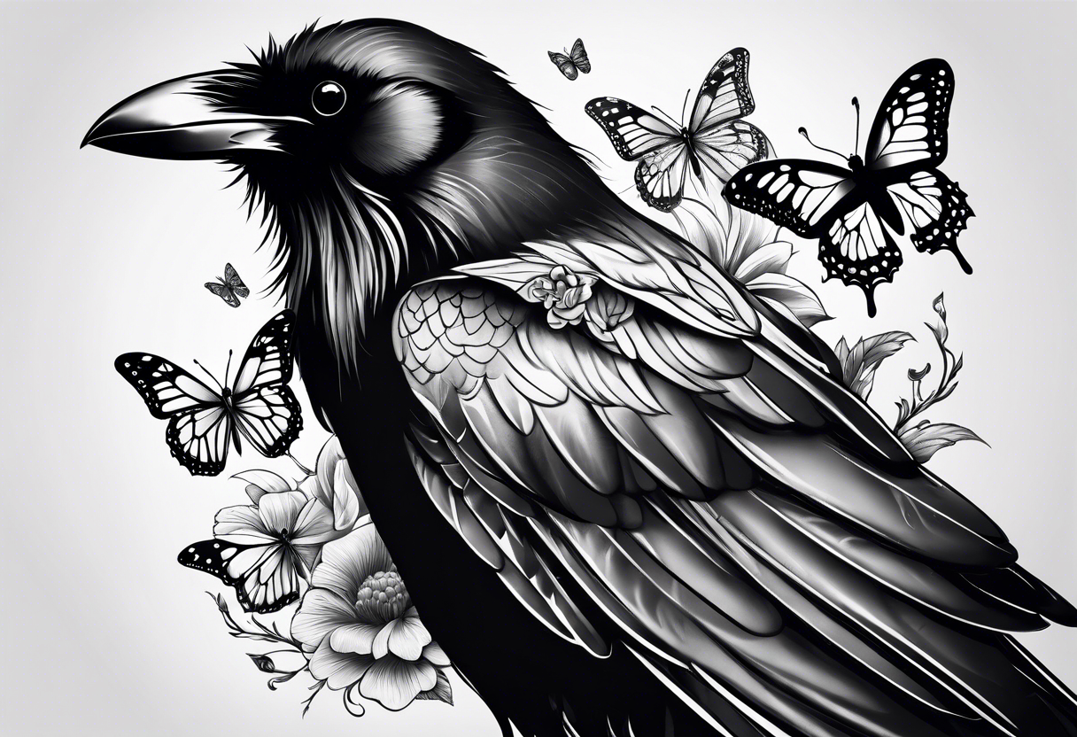 a animal that is a raven and a butterfly tattoo idea