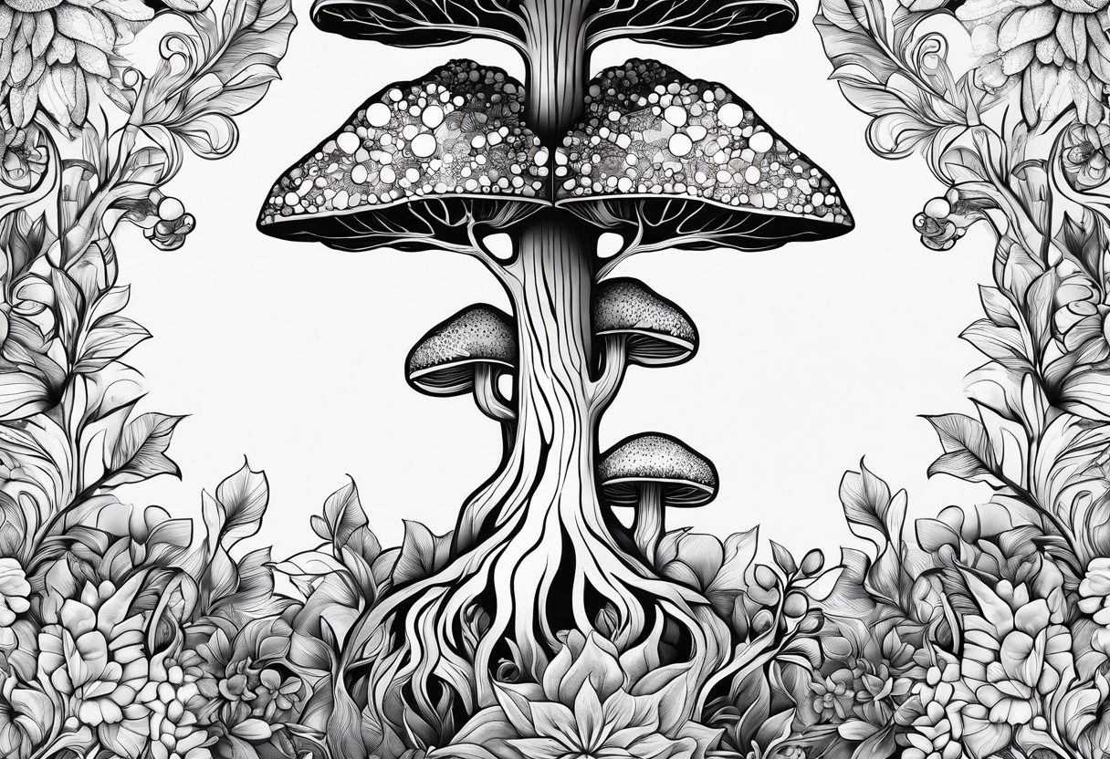 feminine psilocybin molecule made out of a tree and flowers tattoo idea