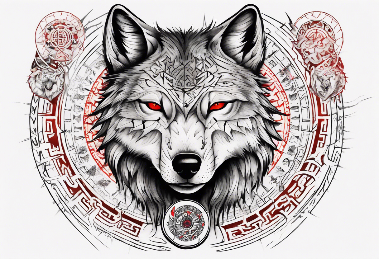 want a half sleeve on my left forearm featuring a side profile of wolf with a vegvisir for its pupil and red eye, surrounded by Māori patterns and Norse symbols tattoo idea