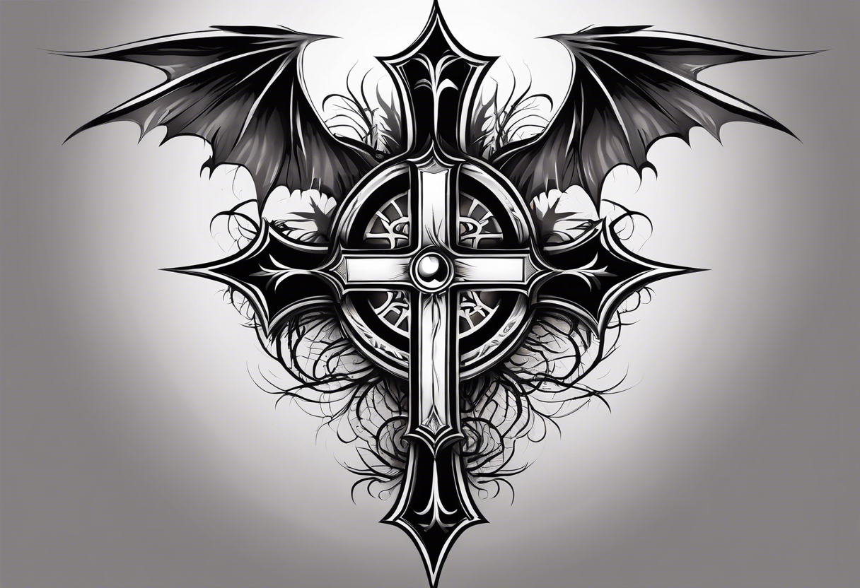 A Christian cross with sharp lower end imbedded into the ground that has roots growing from it. The cross is in the middle of two huge dragon wings. In the middle of the cross is an eye ball tattoo idea