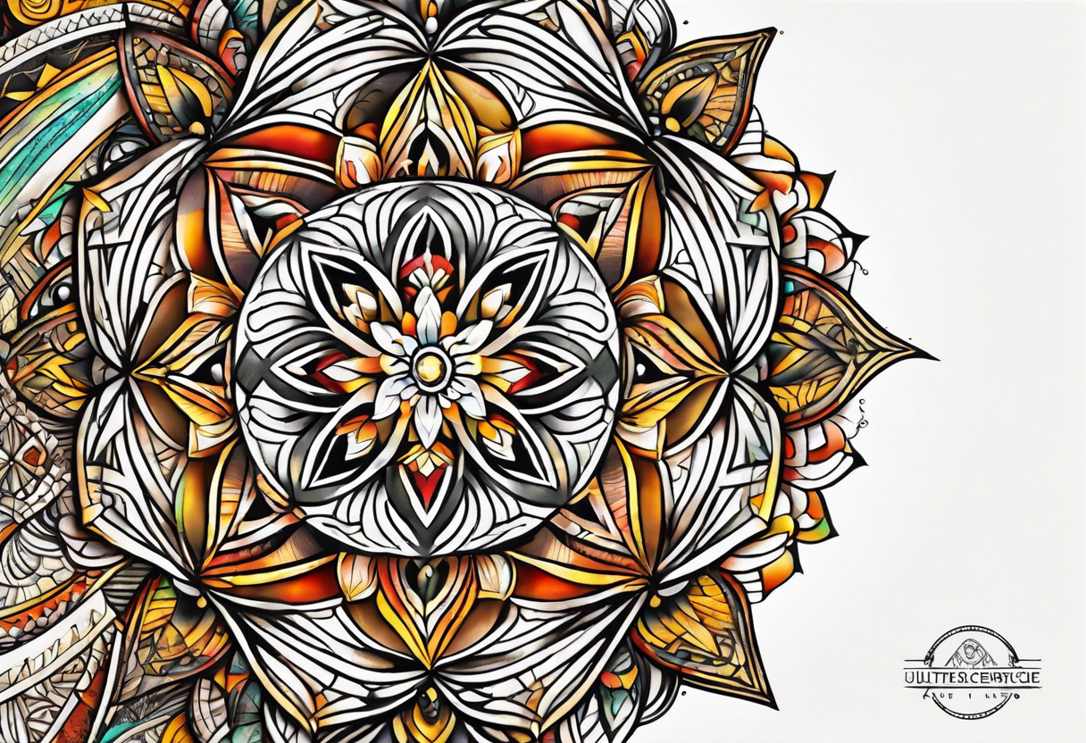 front knee tattoo with sacred geometry, swirls & washes, background and in fall colors tattoo idea