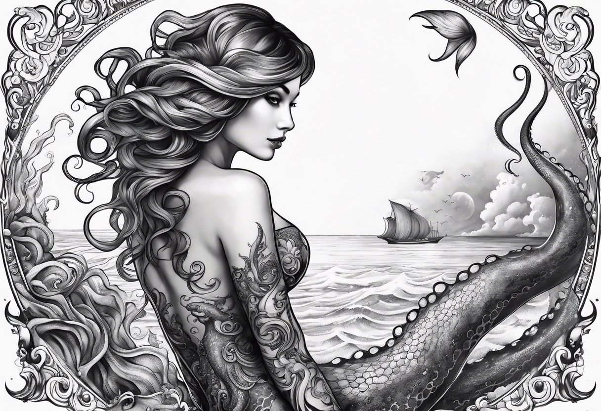 Leg sleeve Octopus looking up at a mermaid in the ocean tattoo idea