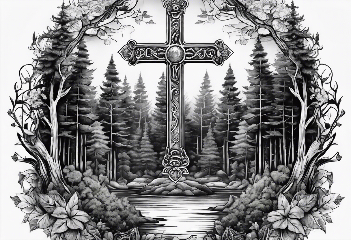 A cross at the end of the forest tattoo idea