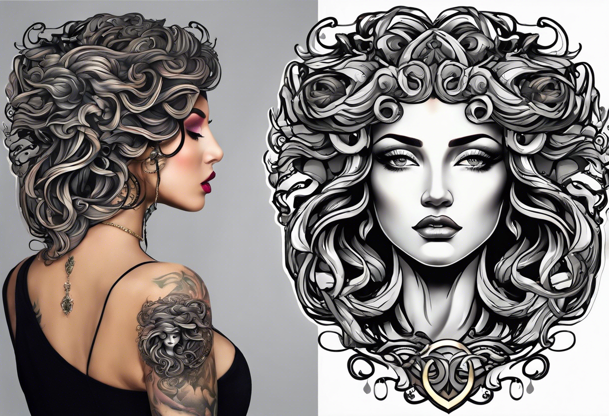 Medusa head with a mysterious expression, capturing both her allure and danger. Blend dream-like qualities with the striking figure of Medusa. tattoo idea