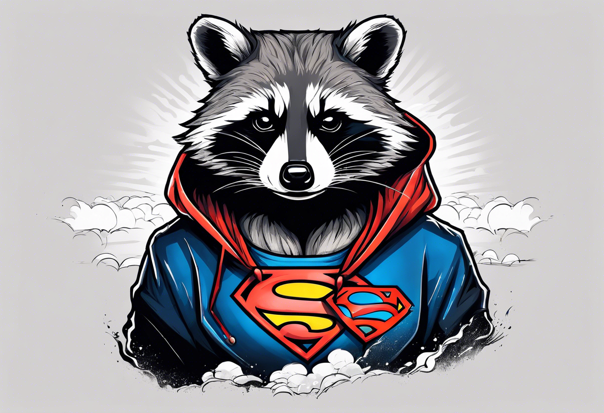 Raccoon wearing a white Superman logo on a black hoodie tattoo idea