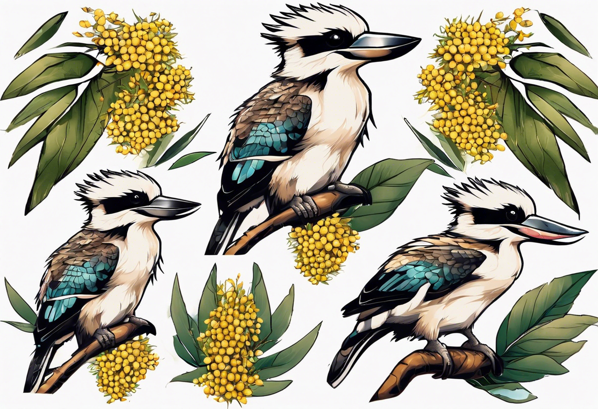 kookaburra sitting on wattle leaves tattoo idea