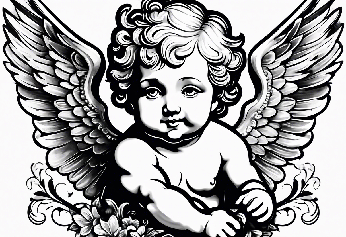 one putti with wings smiling vertical tattoo idea