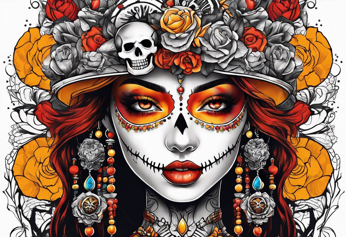 Orange, red, yellow primary colors.  Woman with skeleton head piece tattoo idea