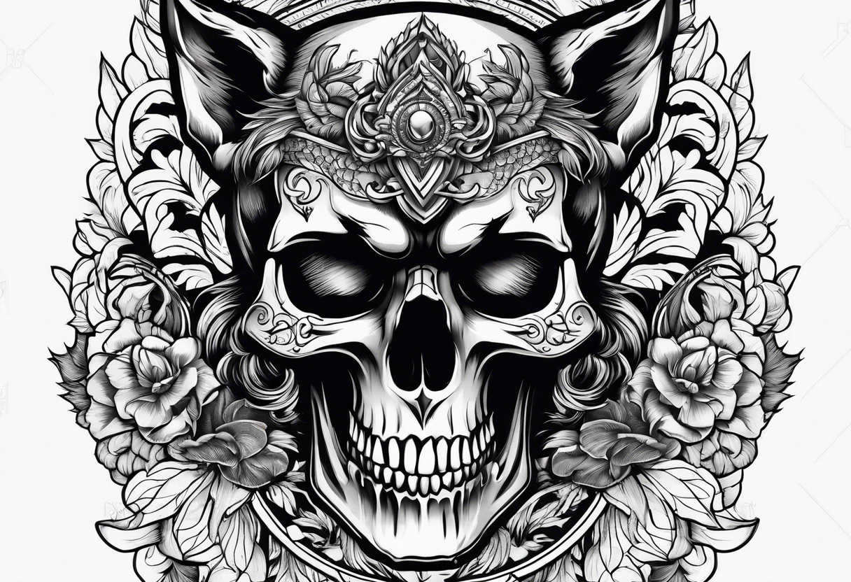 skull with wolf head on top tattoo idea