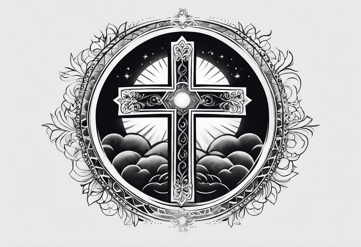 The Christian Chiro symbol in negative space surrounded by a heavenly ambiance. tattoo idea