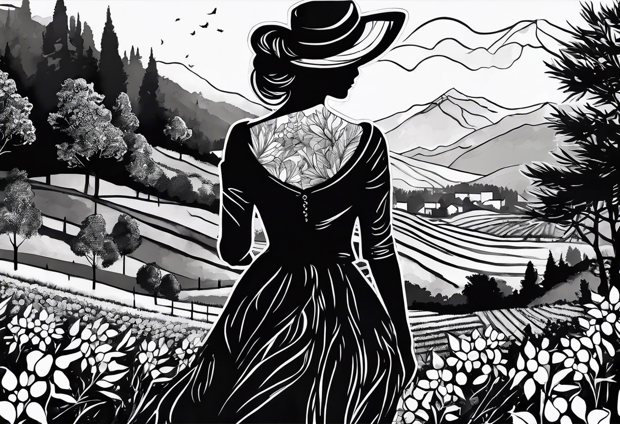 female silhouette walking from vineyards to forests to mountains tattoo idea