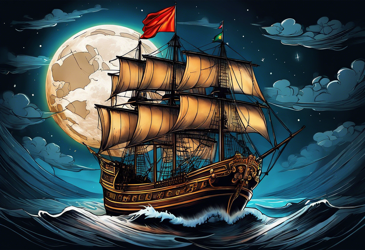 A Portuguese and a German flag with a Portuguese ship caravela in the middle on a dark night with a big moon light tattoo idea