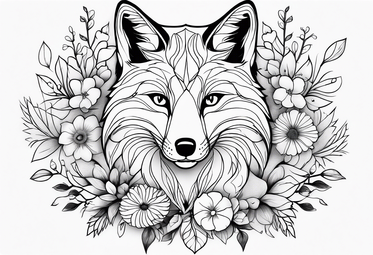 feminin minimalist flowers with fox full body thin line tattoo idea